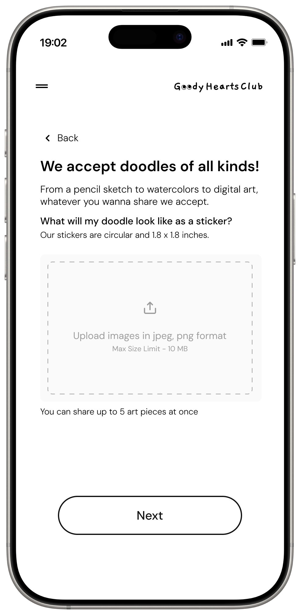 First iteration of the art submission screen